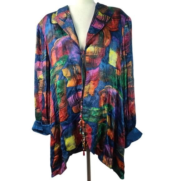 Dorothy Schoelen Platinum Blue Green Yellow BOHO Beads Jacket Top Overshirt L - Picture 1 of 5